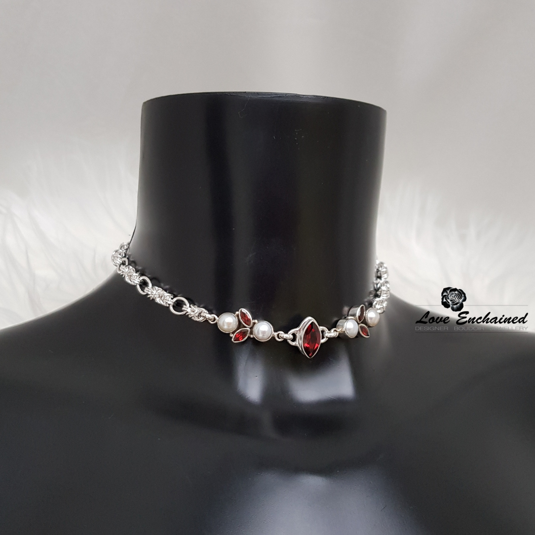 Gaia Marquise submissive collar - sterling silver garnet and pearl