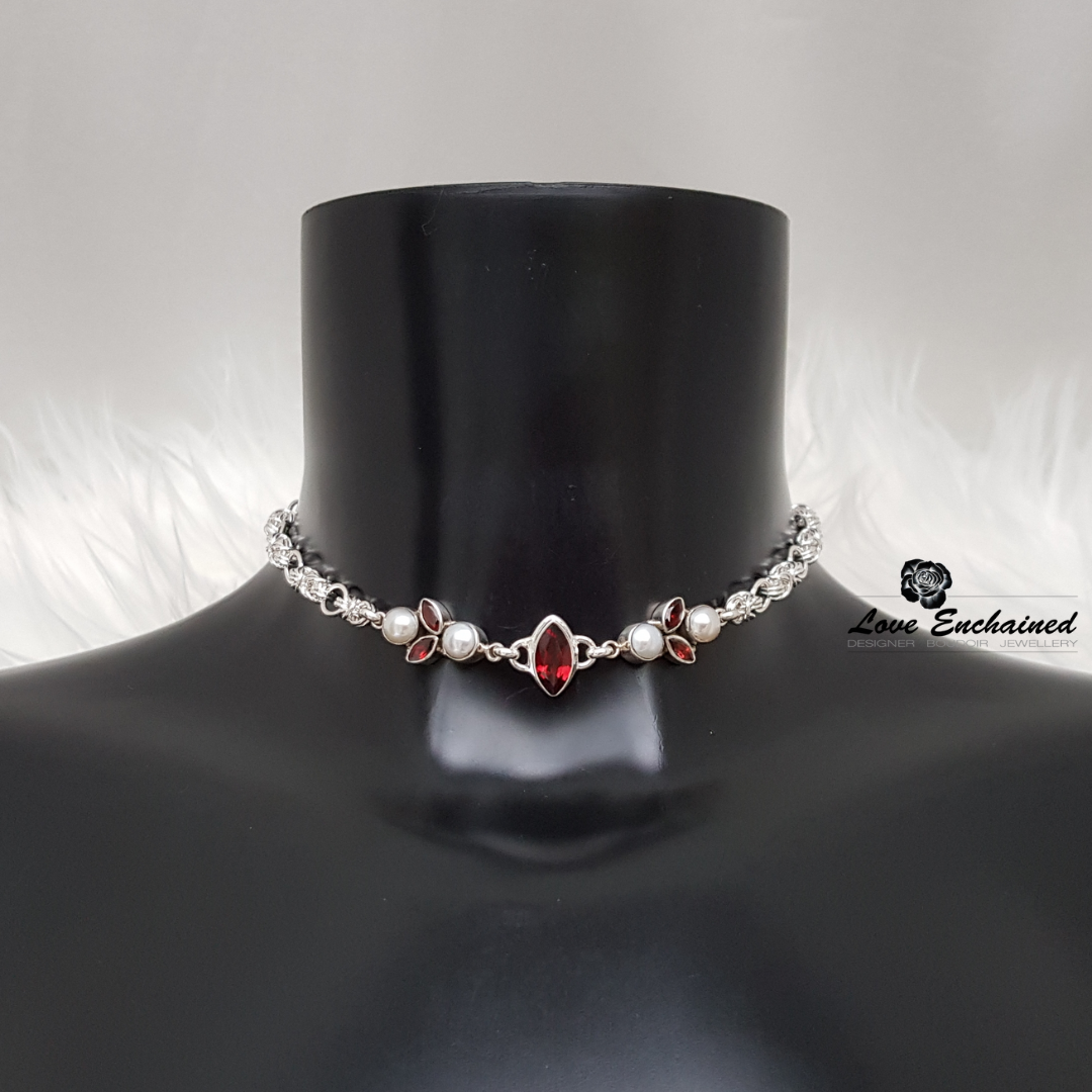 Gaia Marquise submissive collar - sterling silver garnet and pearl