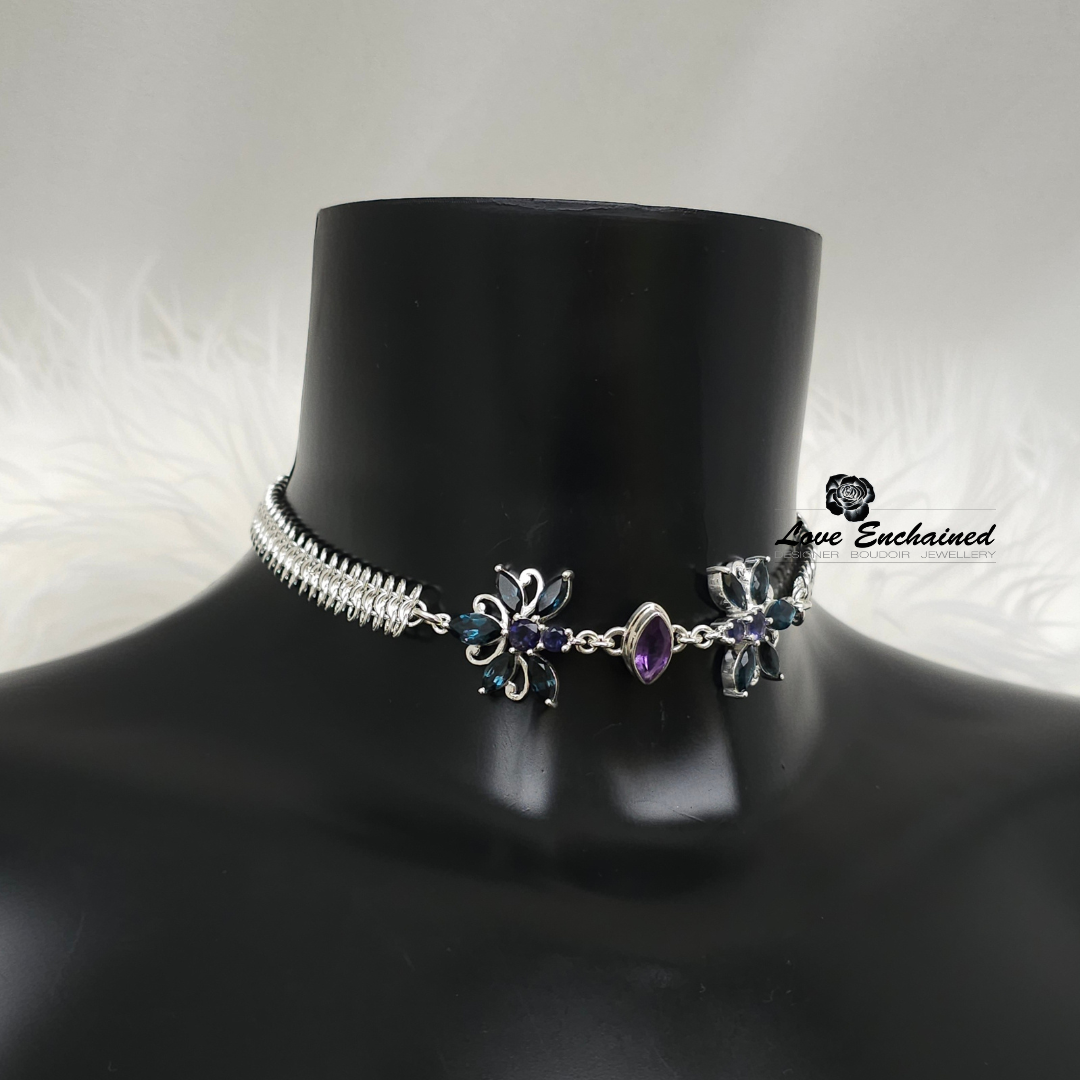 Mermaid Blossom Princess collar, London Blue Topaz & Amethyst ~ Luxury sterling silver submissive day collar