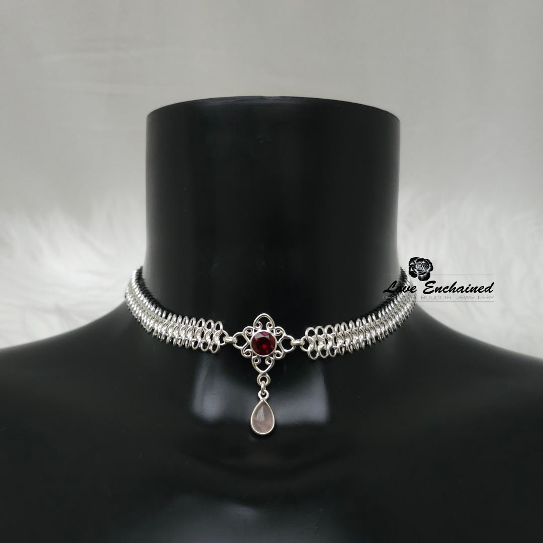 Mermaid Lace Princess, Garnet ~ Luxury sterling silver submissive day collar