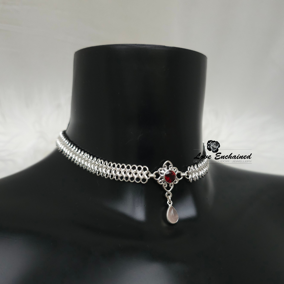 Mermaid Lace Princess, Garnet ~ Luxury sterling silver submissive day collar
