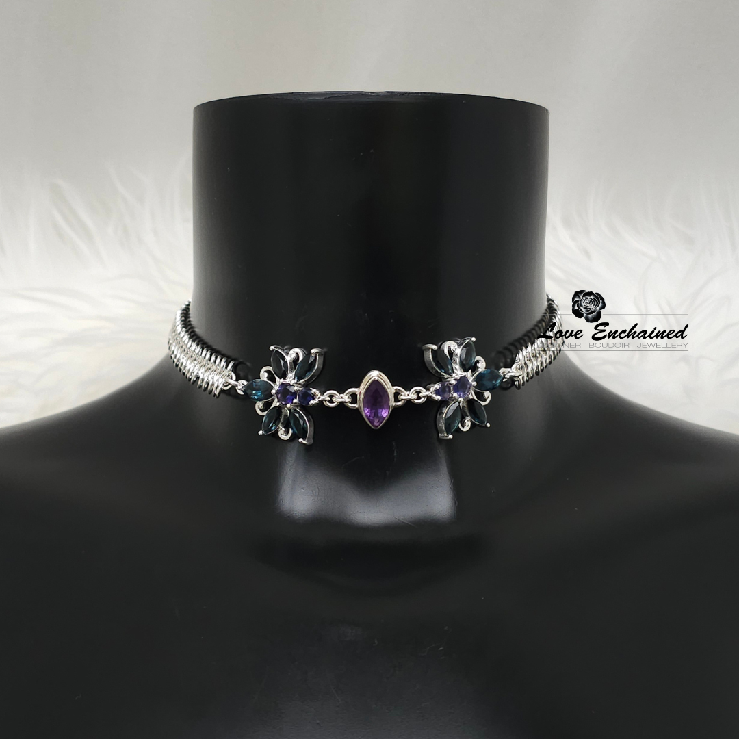 Mermaid Blossom Princess collar, London Blue Topaz & Amethyst ~ Luxury sterling silver submissive day collar
